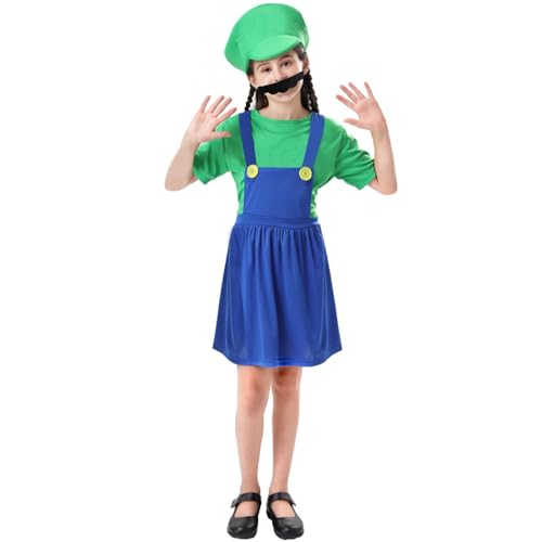 COXNSXX Super Klempner Brüder Kostüm Erwachsene/Kinder Verkleiden Kostüm mit Hut und Bart für Cosplay und Karneval (Girl Green, S) von COXNSXX