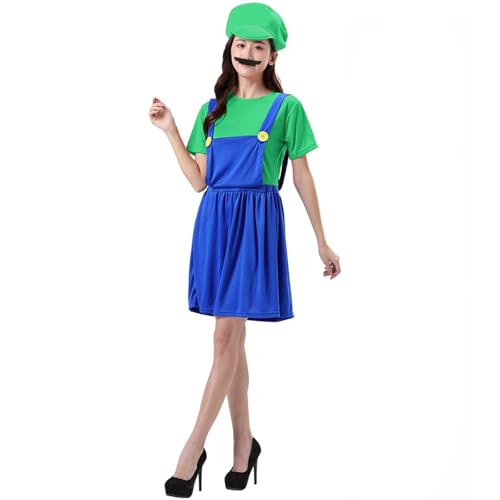 COXNSXX Super Brothers Klempner Cosplay Kostüm Erwachsene/Kinder Verkleiden Kostüm mit Hut und Bart für Karneval Halloween Mottopartys (Women's Green, XL) von COXNSXX