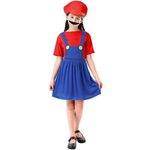 COXNSXX Super Brothers Klempner Cosplay Kostüm Erwachsene/Kinder Verkleiden Kostüm mit Hut und Bart für Karneval Halloween Mottopartys (Girl Red, M) von COXNSXX