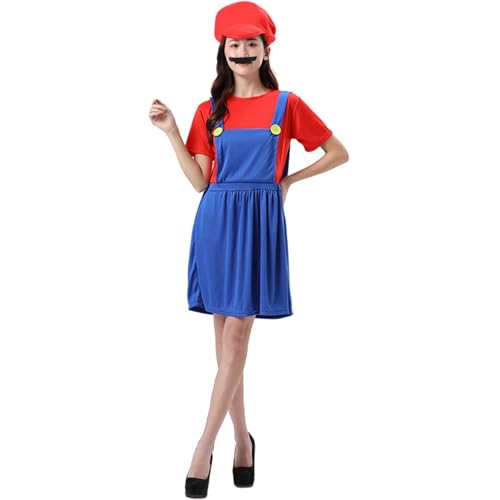 COXNSXX Super Brothers Klempner Cosplay Kostüm Erwachsene/Kinder Verkleiden Kostüm mit Hut und Bart für Karneval Halloween Mottopartys (Women's Red, M) von COXNSXX