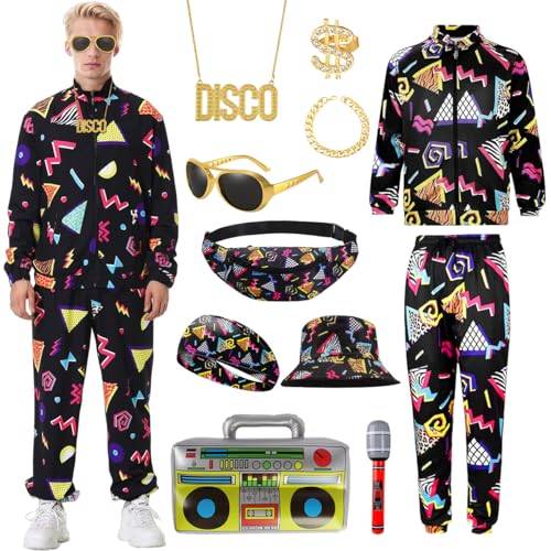 COYBTO 80er Jahre Outfit Herren, 80er Trainingsanzug mit 80er Jahre Accessoires, 80er Jahre Kostüm, 70er 80er Sportbekleidung für Herren, 70er Jahre Bekleidung für Karneval Cosplay Party (XL) von COYBTO