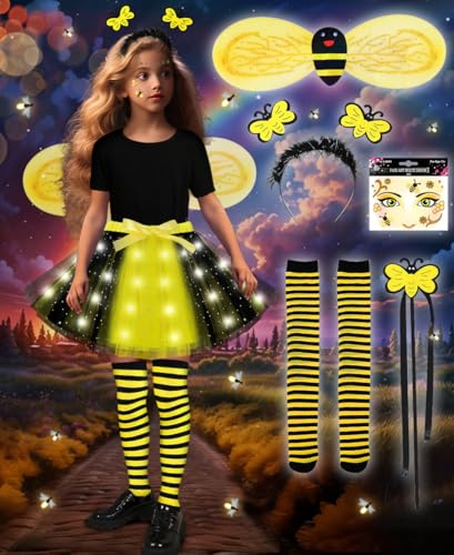 COYBTO Bienenkostüm Kinder Mädchen, Leuchtendes Bienen Kostüm mit Bienenohren, Flügeln, Zauberstab, Aufklebern, Socken, Verkleidungskostüm für Kinder Mädchen Halloween Fasching Kostüm Cosplay von COYBTO