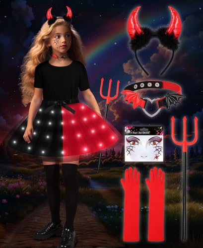 COYBTO Tutu Kostüm Mädchen Kinder, LED Leuchtendes Rot Schwarz Tutu Rock Faschingskostüme Kinder mit Stirnband, Halskette, Zauberstab, Prinzessin Kleid Mädchen für Halloween, Karneval Cosplay von COYBTO