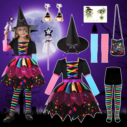 COYBTO Hexenkostüm Mädchen, Halloween Kostüm Kinder Mädchen Hexenkostüm Deluxe Set mit Zauberhut, Kinderkostüm Bunte Hexen Cosplay Kostüm, Hexen Halloween Kostüm Kleid für Halloween Karneval (110cm) von COYBTO