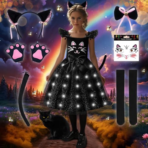 COYBTO LED Leuchtendes Katzenkostüm Mädchen, Tierkostüm Kinder mit Katzenschwanz Katzenohren Haarband Schleife, Faschingskostüme Kinder, Katzenkleid für Karneval Themenparty Kostüm Party (120) von COYBTO