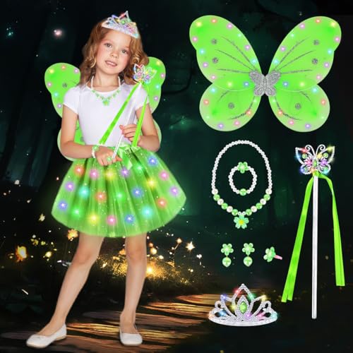 COYBTO Leuchtendes Feenkostüm für Mädchen,Schmetterling Elfenkostüm Kinder,Leuchtende Feen Schmetterlingsflügel,LED Tutu Tüllrock Mädchen Kinder,Prinzessinnen Kostüm für Halloween Geburtstag (Grün) von COYBTO