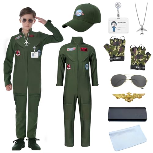 COYBTO Pilot Kostüm Kinder, Flieger Kostüm mit Hut Camouflage Handschuhen Pilotenbrille, Kampfjet Pilot Kostüm Faschingskostüme, Pilot Jumpsuit Piloten Kostüm für Cosplay Karneval Rollenspiel (150) von COYBTO