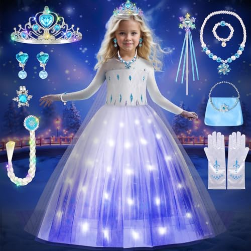 COYBTO Prinzessin Kleid Mädchen, Eiskönigin Elsa Anna Kostüm Mädchen mit Krone Zauberstab Set, Faschingskostüme Kinder Elsa Prinzessin Kostüm Mädchen für Karneval von COYBTO