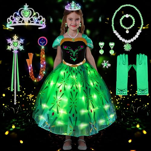 COYBTO Prinzessin Kleid Mädchen, LED Leuchtendes Eiskönigin Elsa Anna Kostüm Mädchen mit LED Krone Zauberstab Set, Faschingskostüme Kinder Elsa Prinzessin Kostüm Mädchen für Karneval von COYBTO