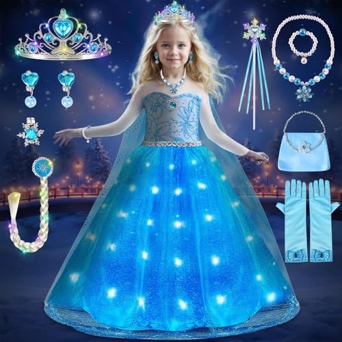 COYBTO Prinzessin Kleid Mädchen, Eiskönigin Elsa Anna Kostüm Mädchen mit Krone Zauberstab Set, Faschingskostüme Kinder Elsa Prinzessin Kostüm Mädchen für Karneval von COYBTO