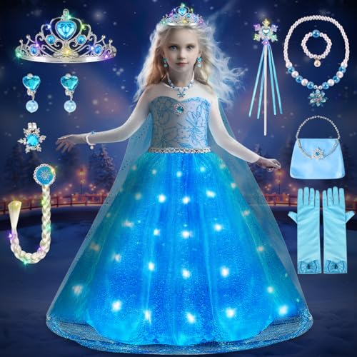 COYBTO Prinzessin Kleid Mädchen, Eiskönigin Elsa Anna Kostüm Mädchen mit Krone Zauberstab Set, Faschingskostüme Kinder Elsa Prinzessin Kostüm Mädchen für Karneval von COYBTO