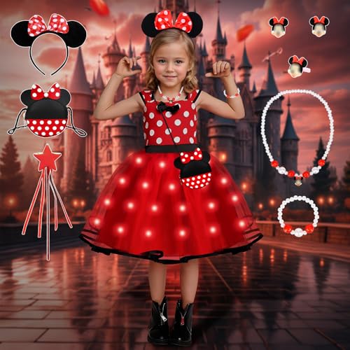 COYBTO Prinzessin Kleid Mädchen, Kleid Kostüm für Mädchen, Gepunktet Kleid Kleinkind mit Mausohren Tasche, Stirnband und Halskette, Prinzessin Kleid für Geburtstag Halloween Kostüm von COYBTO