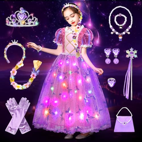 COYBTO Prinzessin Kleid Mädchen, LED Leuchtendes Belle Cinderella Rapunzel Kostüm Mädchen mit LED Krone Zauberstab Set, Faschingskostüme Kinder Belle Prinzessin Kostüm Mädchen für Karneval (Lila, 110) von COYBTO