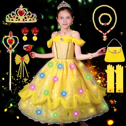 COYBTO Prinzessin Kleid Mädchen, LED Leuchtendes Belle Cinderella Rapunzel Kostüm Mädchen mit LED Krone Zauberstab Set, Faschingskostüme Kinder Belle Prinzessin Kostüm Mädchen für Karneval (Gold, 110) von COYBTO