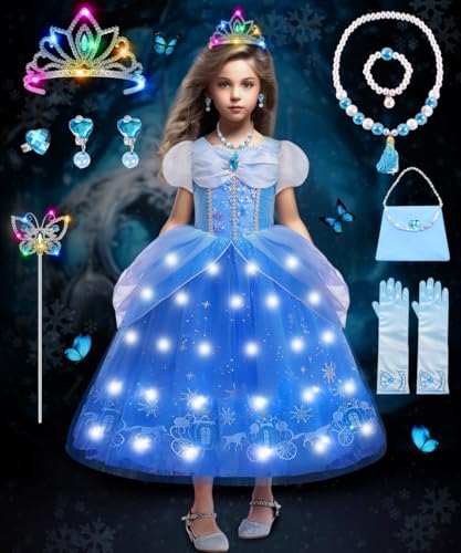 COYBTO Prinzessin Kleid Mädchen, LED Leuchtendes Belle Cinderella Rapunzel Kostüm Mädchen mit LED Krone Zauberstab Set, Faschingskostüme Kinder Belle Prinzessin Kostüm Mädchen für Karneval von COYBTO