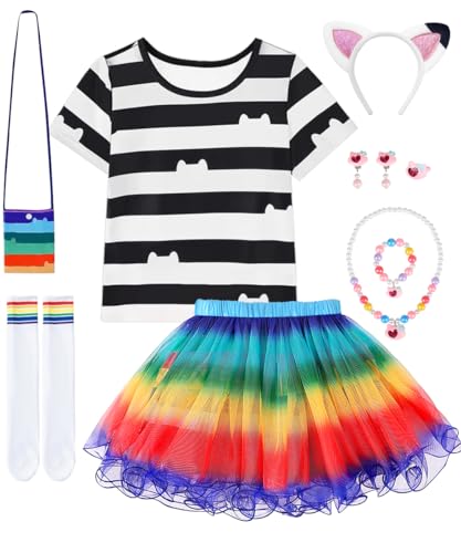 COYBTO Prinzessin Kleid Mädchen, Regenbogen Kleid Mädchen mit Regenbogen Tutu Kleid, Schwarzem Weißem T-Shirt Halskette für Partykleid Geburtstag Halloween Karneval Weihnachten Cosplay (110) von COYBTO