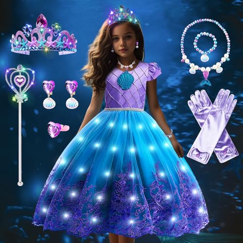 COYBTO Prinzessin Kostüm Kleid, Meerjungfrau Kostüm Kinder Mädchen Kleid mit Kronen Halsketten Set, Prinzessin Kleid Mädchen für Weihnachten Halloween Karneval Cosplay Geburtstagsfeier (110cm) von COYBTO