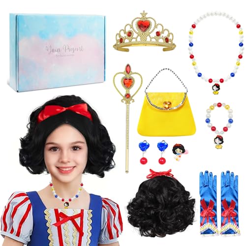 COYBTO Prinzessin Kostüme Zubehör Set,Kinder Schmuckset Mädchen,Prinzessin Set Schneewittchen,Mädchen Dress up Zubehör mit Perücke Halskette Armband Handtasche,Geschenke für Mädchen Geburtstag Kostüm von COYBTO