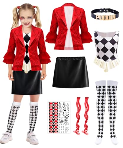 COYBTO Quinn Kostüm, Clown Kostüm Kinder mit Jacke Oberteil Shorts Perücke Accessoires, Quinn Cosplay Faschingskostüme, Geschenk für Mädchen, Quinn Kostüm für Halloween Karneval Cosplay (120) von COYBTO