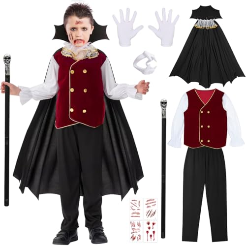 COYBTO Vampir Kostüm Kinder Jungen, Halloween Kostüm Vampir für Jungen mit Gothic Kostümen und Vampirstock, Halloween Kostüm Kinder Vampir, Vampir Cosplay Kostüm für Kinder Halloween und Karneval (L) von COYBTO