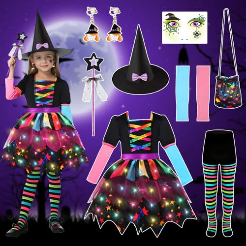 Hexenkostüm Mädchen, LED Leuchtendes Halloween Kostüm Kinder Mädchen Hexenkostüm mit Zauberhut, Kinderkostüm Bunte Hexen Cosplay Kostüm, LED Hexen Halloween Kostüm Kleid für Halloween Karneval (120cm) von COYBTO