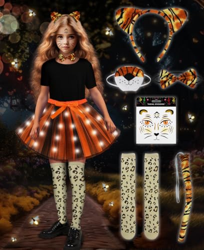 Kostüm Tutu Set für Mädchen, Leuchtendes Tiger Kostüm Set mit Tigerhandschuhen, Tigerohren, Nase, Fliege, Schwanz, Aufklebern, Verkleidungskostüm für Weihnachten, Karneval, Geburtstagsfeier, Cosplay Kostüm Tutu Set für Mädchen, Leuchtendes Tiger Kostüm Set mit Tigerhandschuhen, Tigerohren, Nase, Fliege, Schwanz, Aufklebern, Verkleidungskostüm für Weihnachten, Karneval, Geburtstagsfeier, Cosplay von COYBTO
