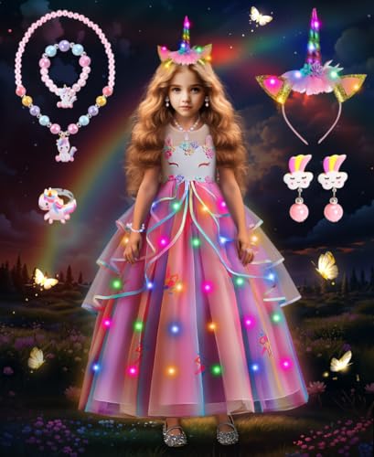 Prinzessin Kleid Mädchen, Einhorn Kostüm Kinder Mädchen Kleid mit Stirnband, Krone und Halsketten Set, Prinzessin Einhorn Kostüm Kleid für Kinderparty Weihnachten Halloween Karneval Cosplay (120) von COYBTO