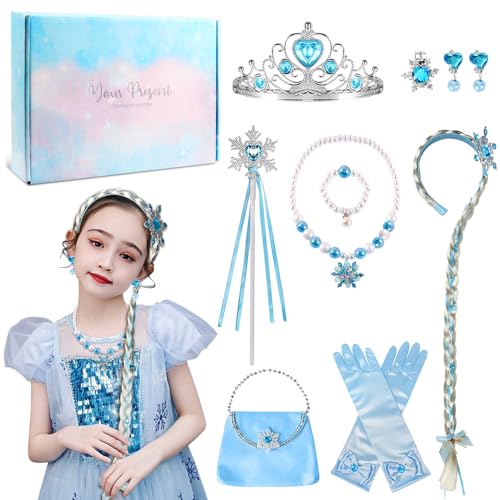 COYBTO Prinzessin Kostüme Zubehör Set,Elsa Kinder Schmuckset Mädchen,Prinzessin Set Elsa,Mädchen Dress up Zubehör mit Elsa Zopf Halskette Armband Handtasche,Geschenke für Mädchen Geburtstag Kostüm von COYBTO