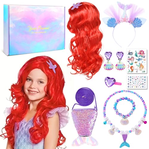 Prinzessin Kostüme Zubehör Set,Meerjungfrau Kinder Schmuckset Mädchen,Prinzessin Set Meerjungfrau,Mädchen Dress up Zubehör mit Perücke Halskette Armband Handtasche,Geschenke für Mädchen Geburtstag von COYBTO