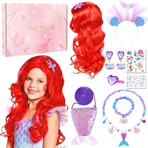 Prinzessin Kostüme Zubehör Set,Meerjungfrau Kinder Schmuckset Mädchen,Prinzessin Set Meerjungfrau,Mädchen Dress up Zubehör mit Perücke Halskette Armband Handtasche,Geschenke für Mädchen Geburtstag von COYBTO