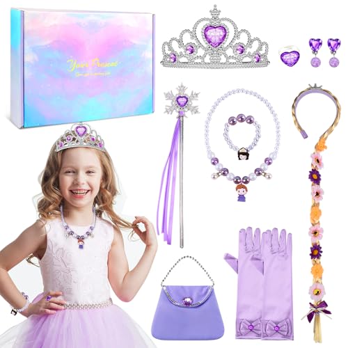 Prinzessin Kostüme Zubehör Set,Rapunzel Kinder Schmuckset Mädchen,Prinzessin Set Rapunzel,Mädchen Dress up Zubehör mit Perücke Halskette Armband Handtasche,Geschenke für MädchenGeburtstag Kostüm von COYBTO