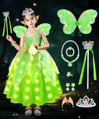 Tinkerbell Kostüm für Kinder, Feen Prinzessin Kleid für Mädchen, Prinzessin Kleid mit Flügeln und Krone, Kinder Feenkostüm Prinzessin Dress Up für Geburtstags Karneval Halloween Cosplay (110cm) von COYBTO