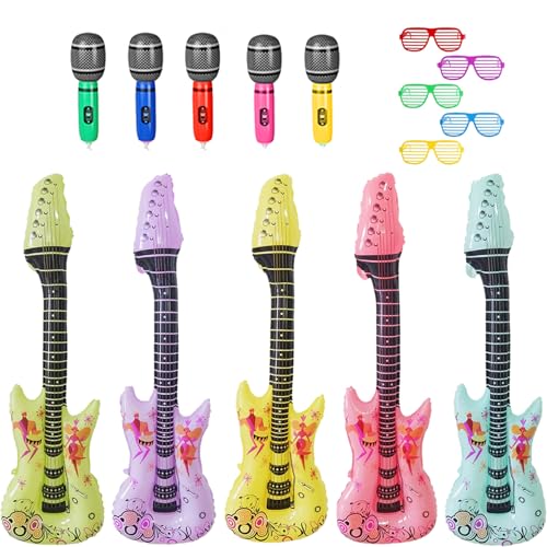 15 Stück Aufblasbare Instrumente, Luftgitarren zum Aufblasen, Aufblasbare Gitarre, Luftgitarre, Gitarre Aufblasbar mit Mikrofone und Gläser Party Spielzeug, Party Requisiten für Kinder und Erwachsene von CPRNQY