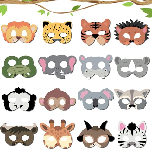 CPRNQY 16 Stück Tiermasken für Kinder, Hohe Qualität Papiermasken für Tierpartys, Umweltfreundliches Tiermasken Set für Party, Tier Maske für Cosplay, Hallowee, Maskerade, Karneval, Partyzubehör von CPRNQY