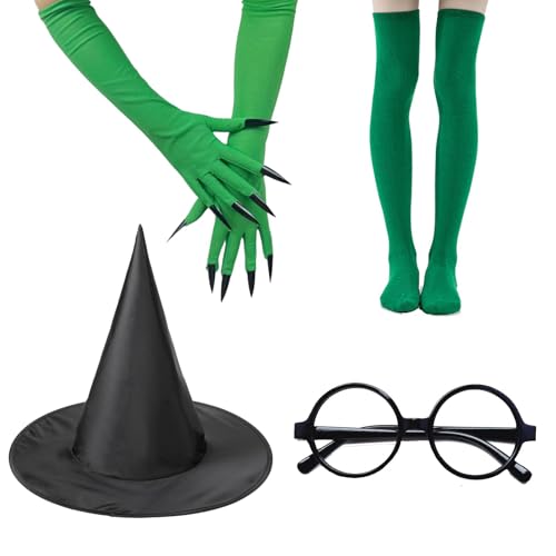 Hexen Kostüm Damen Set, 4-teiliges Set mit Hexenhut, schwarzem Brillengestell, Krallenhandschuhen und kniehohen Strümpfen, Ideal für Authentisches Design für Mottopartys und Cosplay Hexen Kostüm Damen Set, 4-teiliges Set mit Hexenhut, schwarzem Brillengestell, Krallenhandschuhen und kniehohen Strümpfen, Ideal für Authentisches Design für Mottopartys und Cosplay von CPRNQY