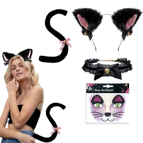 CPRNQY Katzenkostüm Damen, Katzenohren, Katzenkostüm, Catwoman Kostüm Set Damen Mit Katzenohren Haarreif, Gesichtsaufkleber, Halsband Und Katzenschwanz, Für Halloween, Partys, Cosplay Zubehör von CPRNQY