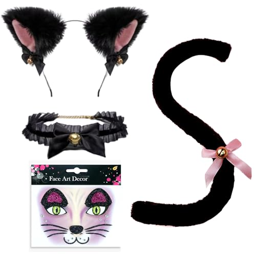 CPRNQY Katzenkostüm Damen, Catwoman Kostüm Set Damen mit Katzenohren Haarreif, Gesichtsaufkleber, Halsband und Katzenschwanz, Cat Woman Frauen Kostüm für Halloween, Partys, Karneval, Cosplay Zubehör von CPRNQY