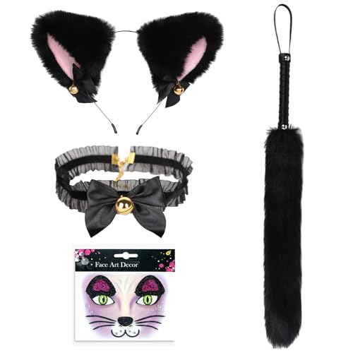 CPRNQY Katzenkostüm Damen, Catwoman Kostüm Set mit Katzenohren Haarreif, Halsband und Katzenschwanz, Gesichtsaufkleber, Catwoman Kostüm Damen für Cosplay, Halloween, Karneval, Tier-Mottoparty Zubehör von CPRNQY