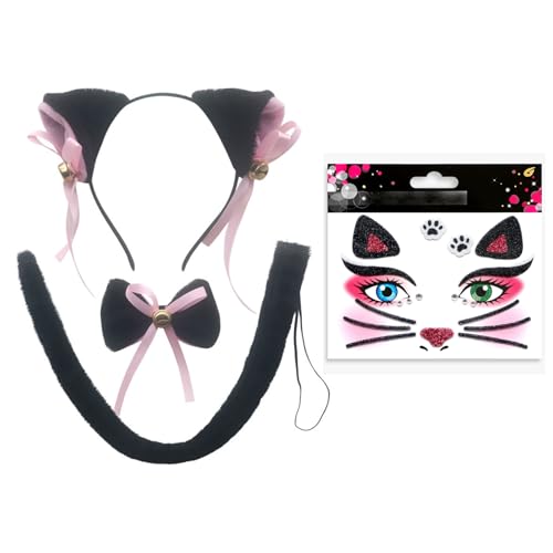 CPRNQY Katzenkostüm Damen, Katzenohren, Katzenkostüm, Cat Ears Catwoman Kostüm Cat Costume Mit Glöckchen Katzenohren Cosplay Katzenschwanz Katze Cosplay Set Schwarz Geeignet für Party von CPRNQY