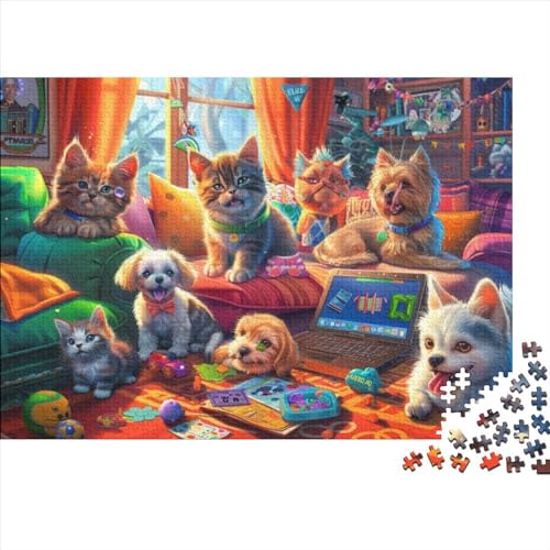 Cat and Dog Party 1000 Teile Holzpuzzle Für Erwachsene Puzzle 1000 Teile Heimdekorationspuzzle 1000 Puzzles Für Erwachsene Spielzeug Und Spiele 1000pcs (75x50cm) von CPXSEMAZA