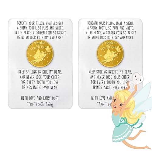 Tooth Fairy Money Coin, Tooth Fairy Coins with Message Card, Lost Teeth Reward Commemorative Coin, Tooth Fairy Metal Coins Kids Teeth Change Souvenir (2 PCS) von CQSVUJ