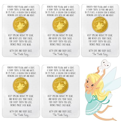 Tooth Fairy Money Coin, Tooth Fairy Coins with Message Card, Lost Teeth Reward Commemorative Coin, Tooth Fairy Metal Coins Kids Teeth Change Souvenir (5 PCS) von CQSVUJ