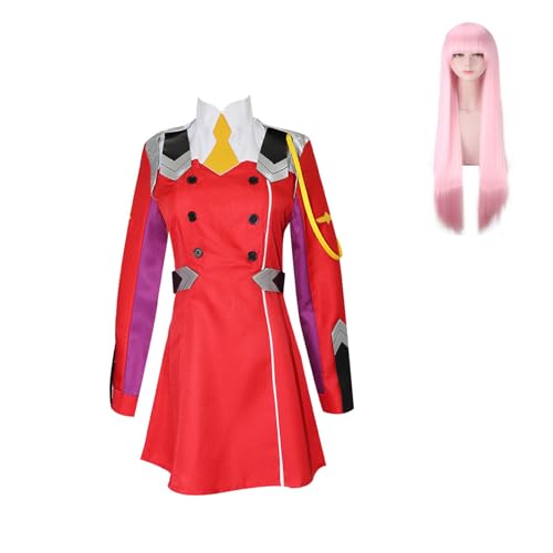 CR ROLECOS Anime Darling in The FRANXX Cosplay Zero Two Cosplay Rote Uniform Kleid mit Perücke 02 Zero Two Kostüm Outfit Anzug für Halloween Party M von CR ROLECOS