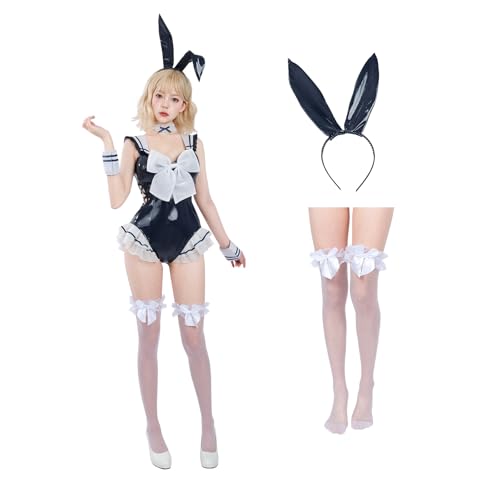 CR ROLECOS Bunny Girl Cosplay Kostüm Set Kawaii Hasenkostüm für Damen Bunny Bodysuit Erwachsene Kaninchen Haarreif Strümpfe Set Schönes Bunnygirl Outfit Halloween Rave L von CR ROLECOS