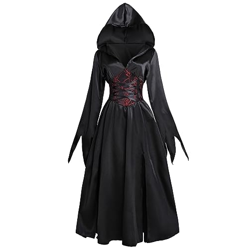 CR ROLECOS Hexen kostüm Umhang schwarz Halloween Cosplay Zombie Kostüm Hexe witches Kleid,Damen Langarm Mittelalter Kleid Gothic Retro Kleid S von CR ROLECOS