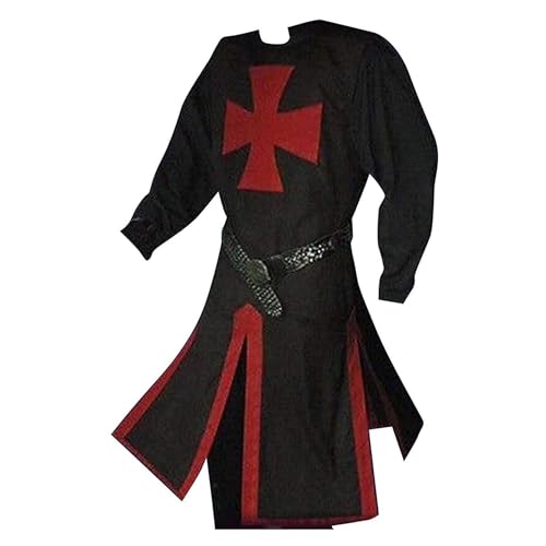 CR ROLECOS Herren Mittelalter Ritter Kostüm Kreuzritter Wikinger Tunika Renaissance Krieger Templer Mit Gürtel Schwarz 4XL von CR ROLECOS