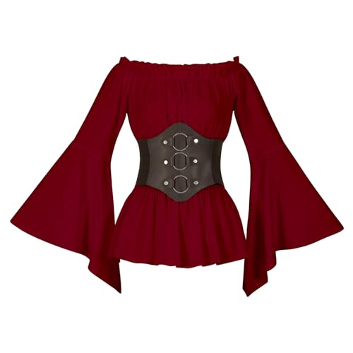 CR ROLECOS Renaissance Bluse Mittelalter Bluse Damen Langarm Piraten Gothic Kostüm Damen Viktorianische Steampunk Korsett Halloween Tea Party mit Gürtel Rot L von CR ROLECOS