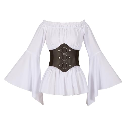 CR ROLECOS Renaissance Bluse Mittelalter Bluse Damen Langarm Piraten Gothic Kostüm Damen Viktorianische Steampunk Korsett Halloween Tea Party mit Gürtel Weiß XL von CR ROLECOS