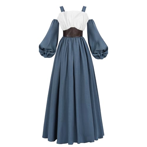 CR ROLECOS Renaissance-Kostüm für Damen, Feen-Korsett-Top, viktorianisches Kleid, blauer Riemen, Maxikleider mit Taschen, Blau, L von CR ROLECOS