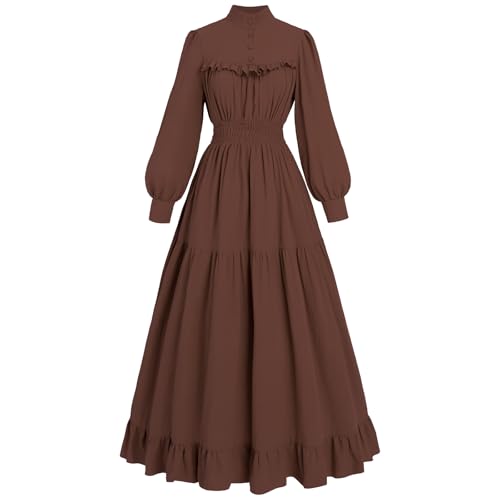 CR ROLECOS Viktorianisches Kleid für Damen, langärmelig, edwardianisches Kleid, mittelalterliches Renaissance-Kostüm, braunes Kleid, Größe L von CR ROLECOS